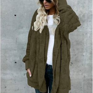 Women faux fur fleece hooded winter warm outerwear