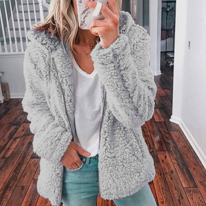 Women faux fur zip up solid color long sleeve hooded coat