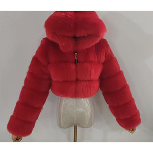 Women hooded cropped solid color long sleeve faux fur coat