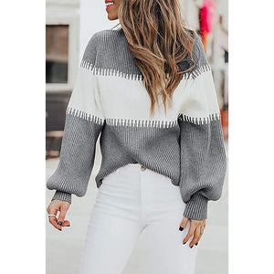 Women pullover high neck long sleeve color block sweater