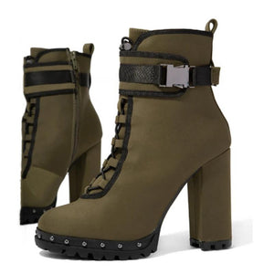 Women studded chunky high heel buckle strap ankle boots