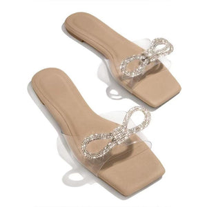 Women rhinestone bowknot square peep toe slide flat sandals