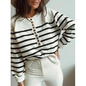 Women half buttons pullover knit long sleeve striped sweaters