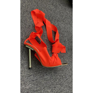 Women pointed peep toe strappy lace up stiletto high heels