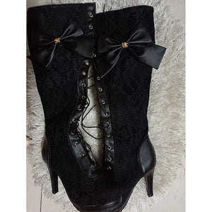 Women bowknot platform chunky heel lace up knee high black boots