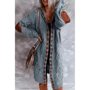 Women hooded patterned long sleeve knitted long cardigan