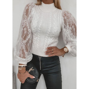 Women crew neck lace lantern sleeve cable knit sweater