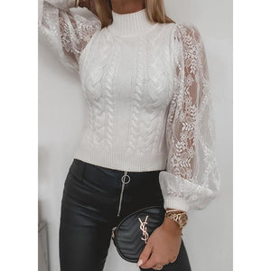 Women crew neck lace lantern sleeve cable knit sweater