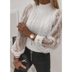 Women crew neck lace lantern sleeve cable knit sweater