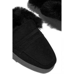 Women winter fuzzy warm slip on mules | closed toe flat slippers
