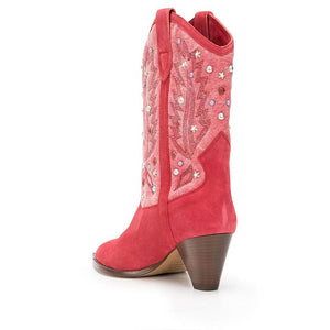 Women mid calf rhinestone embroidered flower chunky heel cowboy boots