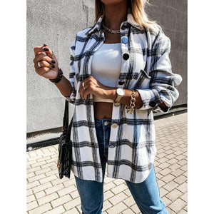 Women fashion loose turn-down collar fall plaid coat