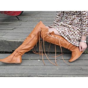 Women flat criss cross lace up zipper over the knee boots