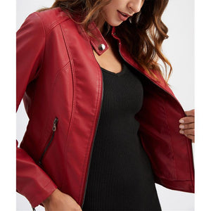 Women motorcycle standing collar long sleeve cropped coat & jacket