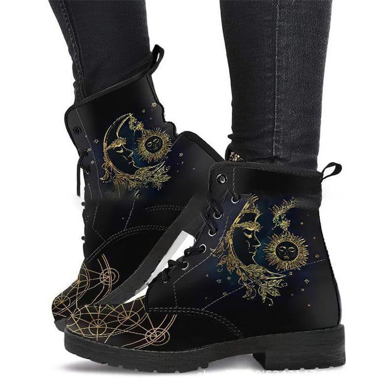 Women fashion printed high cut low heel short lace up boots
