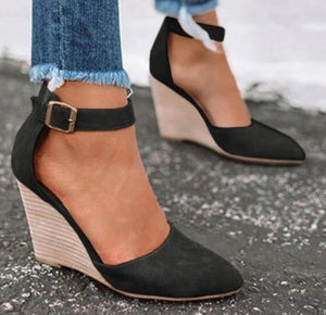 Ankle strap buckle wedge sandals D'Orsay pumps cut out closed toe pointed toe sandals