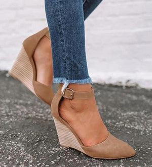 Ankle strap buckle wedge sandals D'Orsay pumps cut out closed toe pointed toe sandals
