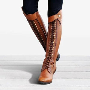 Knee high riding boots for women lace up low heel riding boots