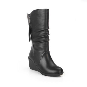 Black Mid Calf Boots for Women Wedges Heel Warm Zipper Boots - GetComfyShoes