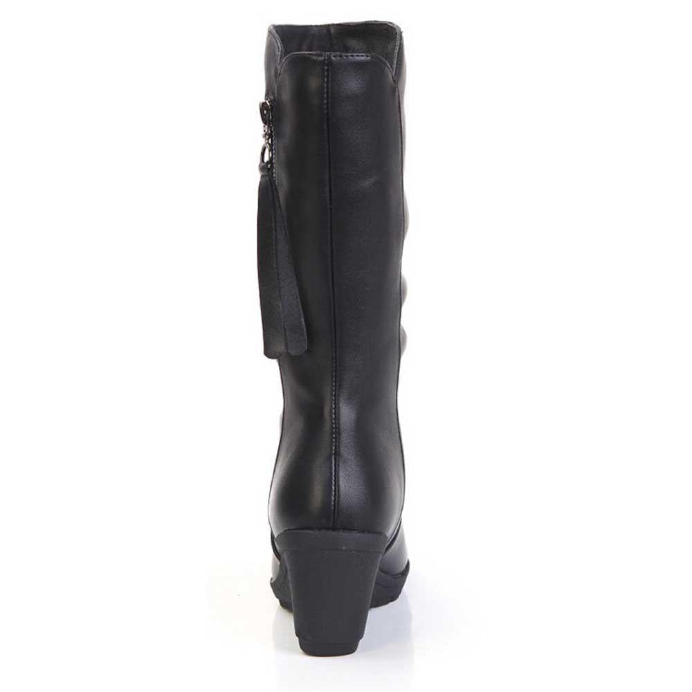 Black Mid Calf Boots for Women Wedges Heel Warm Zipper Boots - GetComfyShoes