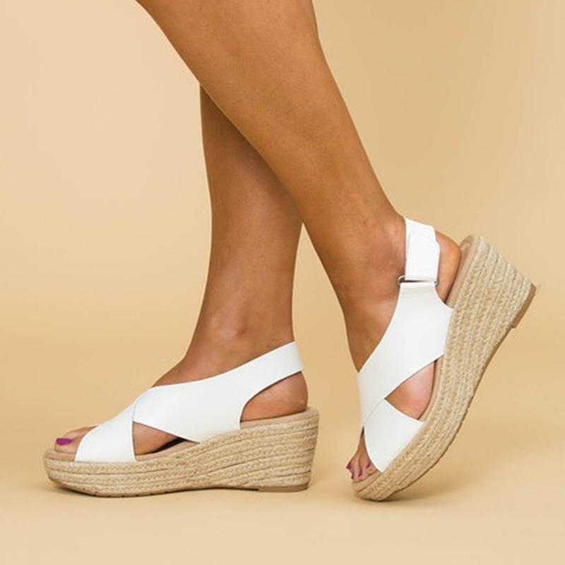 Crossed Strap Peep Toe Magic Tape Wedge Sandals For Women Summer - GetComfyShoes