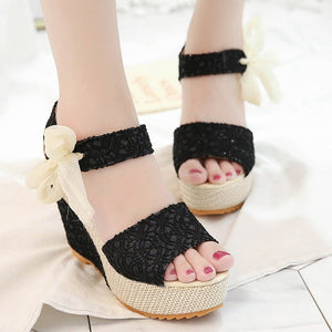 Cute floral lace wedge sandals tie-up