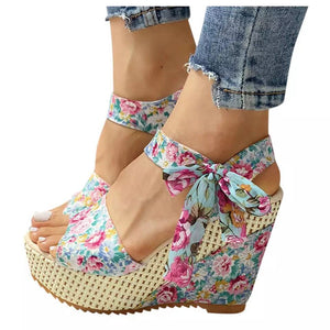 Cute floral lace wedge sandals tie-up
