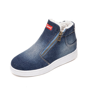 Denim ankle boots fur lining sneakers with zippers
