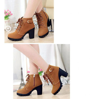 Chunky heel combat boots lace-up ankle boots fashion combat boots for women