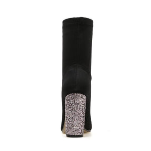 Black heeled boots shiny sexy pointed toe boots 10cm high chunky boots