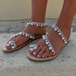 Handmade Sandals Pearls Summer Flat Sandals For Women Summer - GetComfyShoes