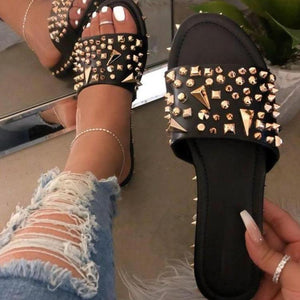Women Summer Fashion Studded Flat Heel Slide Sandals