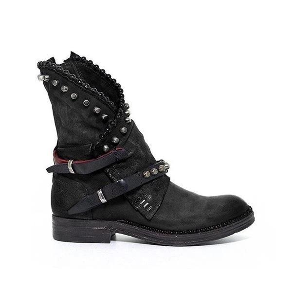 Women's studded ankle boots pointed toe buckle strap punk boots with zipper