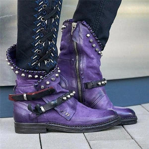 Women's studded ankle boots pointed toe buckle strap punk boots with zipper