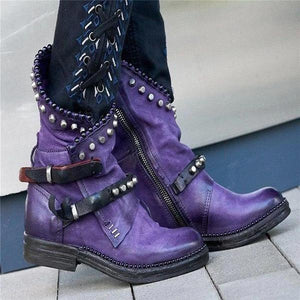 Women's studded ankle boots pointed toe buckle strap punk boots with zipper