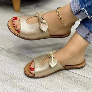 Women bow peep toe summer flat slide sandals