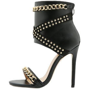 Women chain studded d¨¦cor hollow back zipper stiletto high black heels