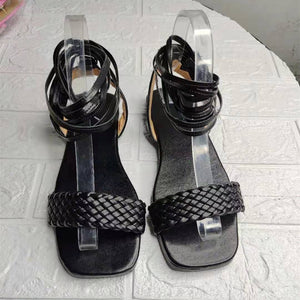 Women braided square peep toe strappy lace up gladiator sandals