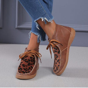 Women ankle flat heel lace up leopard booties