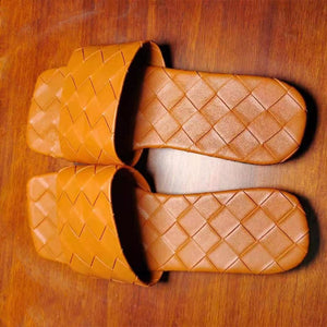 Women sqaure peep toe woven strap slide flat sandals