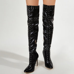 Women over the knee pointed toe stiletto studded black boots