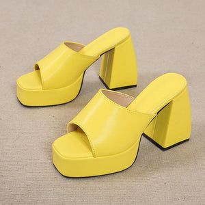 Women solid color square peep toe chunky slide platform heels