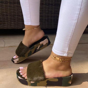 Women's green camouflage fluffy open toe thick platform slippers indoor shoes