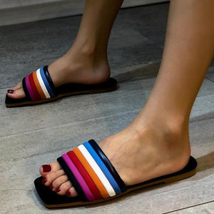 Women summer beach square toe one strap slide flat sandals