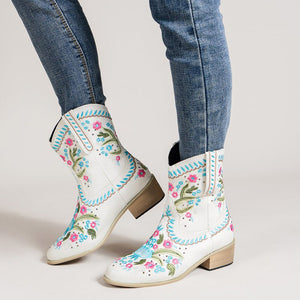 Women cowgirl boots | Flower embroidery chunky heel western boots | Slip on short boots