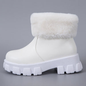 Women faux fur slip on short chunky platform boots