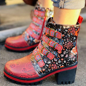 Women chunky heel flowers printed buckle strap short red boots