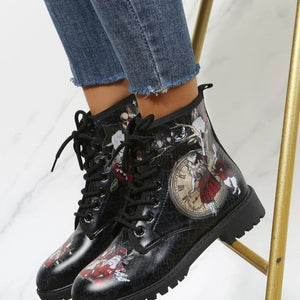 Women printed black boots chunky square low heel lace up ankle boots