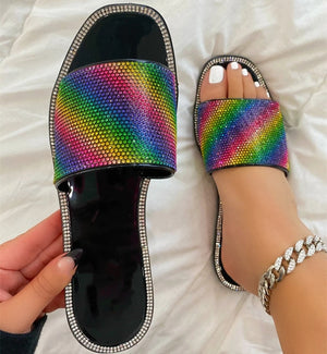 Women rainbow sparkly rhinestone strap square toe flat slide sandals