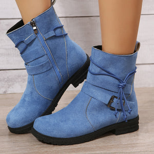 Women ankle lace side zipper buckle strap chunky low heel short boots
